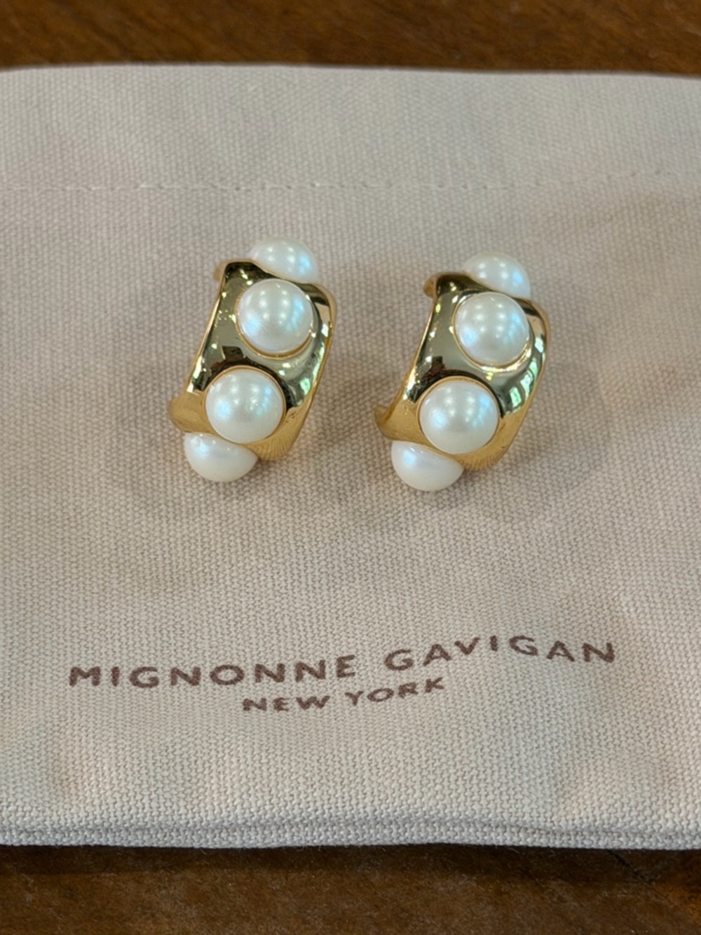 Mignonne Gavigan Gold and Pearl Ari Huggie Hoop Earrings